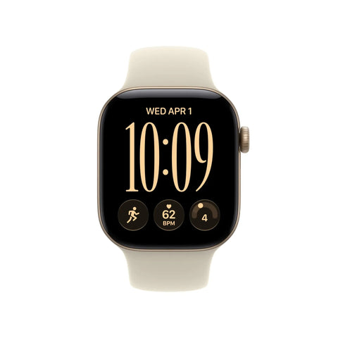 Top Tier Health Smartwatch With Game Changing Heart Rate Sensor Measuring HRV Every Five Minutes For Ultimate Stress Recovery Insights And Full Body Wellness Tracking In Compact 42 mm GPS Case, displaying time and heart rate.