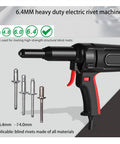 Electric Auto Rivet Gun Featuring Knockout Dual Finger Trigger Control and Badass Heat Dissipation Vents supporting four rivet sizes 6.4mm.