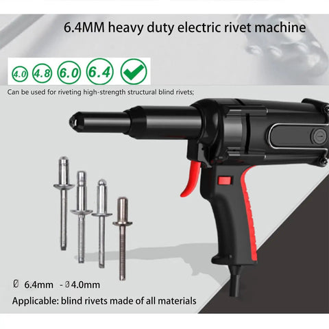Electric Auto Rivet Gun Featuring Knockout Dual Finger Trigger Control and Badass Heat Dissipation Vents supporting four rivet sizes 6.4mm.