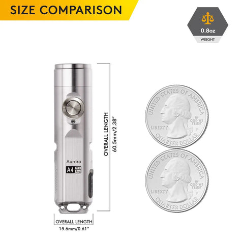 A4 Pro Titanium Keychain Flashlight Ultra Lightweight 0.85 oz size compared to quarters