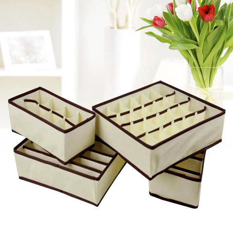 Total Closet Game Changer Non Woven Bra Storage Organizer With Multi Grid Layout Smooth Drawer Setup For Underwear Socks Ties And Scarves Beige Four Pack shown stacked with open grids.