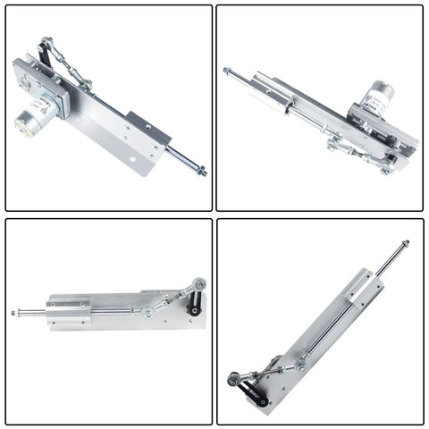 Front view of a silver DC 24V reciprocating linear actuator with mounting plate and gear motor
Side view of a silver DC 24V telescoping linear actuator with rocker-arm linkage
Close-up of rocker-arm linkage on a silver DC 24V linear actuator
Installed/angled view of a silver 24V reciprocating actuator with mounting bracket and extended rod