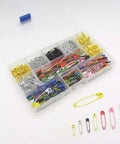 Kickass Assorted Steel Safety Pins Bulk Kit For Sewing Tailoring And Crafting colorful safety pins in a storage box.