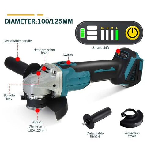 Heavy Duty Brushless Angle Grinder Featuring Four Variable Speed Modes And A Rock Solid Grip Built For Tough Diy Carpentry And Rapid Metal Cuts Zero Hassle When Paired With Common 18V Battery Packs showing 125mm brushless grinder with controls and detachable handle.