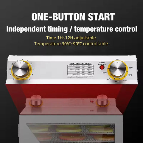 Top view of 400 Watt Professional Electric Food Dehydrator With Adjustable Thermostat And Timer showing controls for timing and temperature.