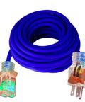 Badass 100 Foot Extension Cord With Glowing Lighted Ends Heavy Duty 10 Gauge Wire coiled with transparent plugs.