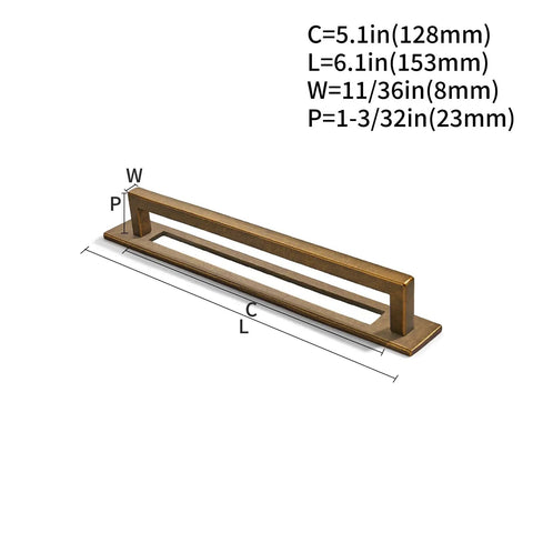 Five Piece Heavy Duty Antique Brass Cabinet Pulls With Backplates 5 Inch Center To Center Handles side view with measurements