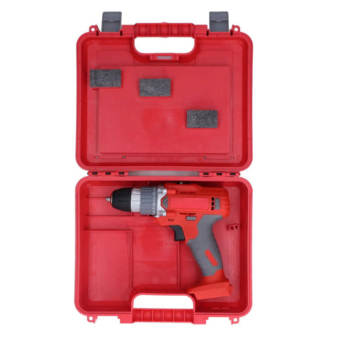 Rugged Reliable Heavy Duty Cordless Drill Driver Featuring Dual Mode Switch And 25 Custom Torque Stops For No Sweat Assembly And Smooth Sail Home Repair Pro Jobs in red case.