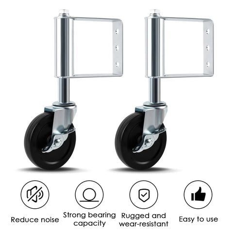 Two Pack Spring Loaded Gate Caster Wheels With Universal Mount Plate Heavy Duty Rubber Gate Caster 220 Lb Capacity 4 Inch Black Side Lock Brake Adjustable Height Shock Absorbing Design