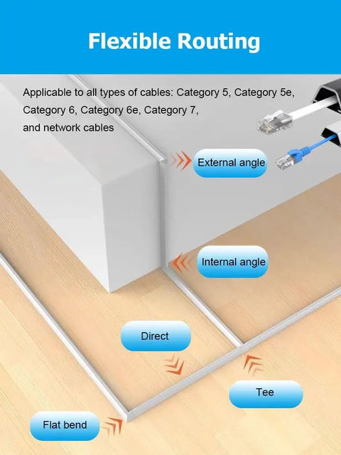 Self Adhesive Aluminum Cable Raceway Kit 100 Cm Gray Wire Concealer diagram showing flexible routing angles for cords.