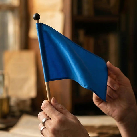 Person holding a small blue flag on a wooden stick with a black ball top, indoor scene with blurred background.