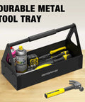 Grippy Handle Metal Tool Tray Portable Tote for home garage warehouse and shop easy tool organization durable black metal storage tray
