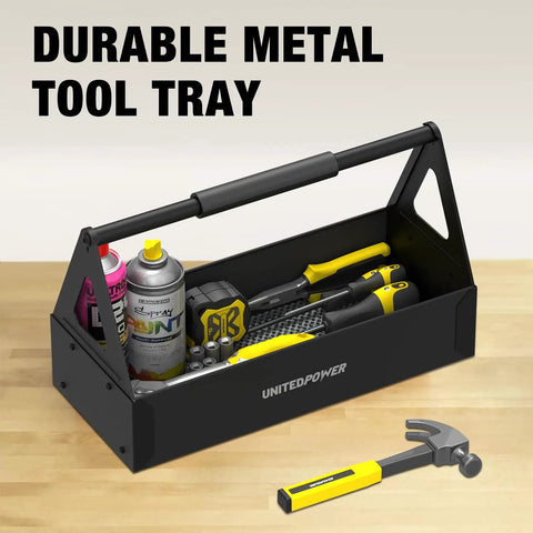Grippy Handle Metal Tool Tray Portable Tote for home garage warehouse and shop easy tool organization durable black metal storage tray