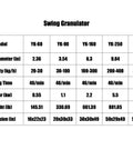 Chart displaying models YK-60 to YK-320 of Swing Granulator with specifications like roller diameter, capacity, and dimensions.