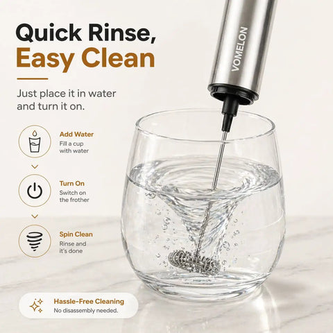 Rechargeable Milk Frother With Stand Electric Whisk Foam Maker USB C Two Speed Handheld Drink Mixer For Coffee Latte Cappuccino Matcha Drinks Silver Finish in water for cleaning demonstration.