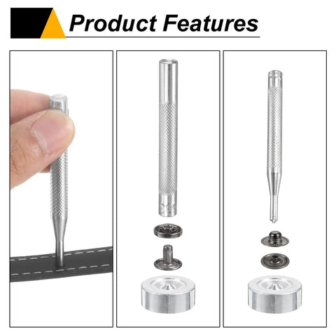 Kickass 24 Piece Leather Snap Fastener Kit 12Mm With Four Piece Press Tool Gunmetal Bronze Silver No Nonsense Quick Grip Hardware Heavy Duty tools for installation with snap components.