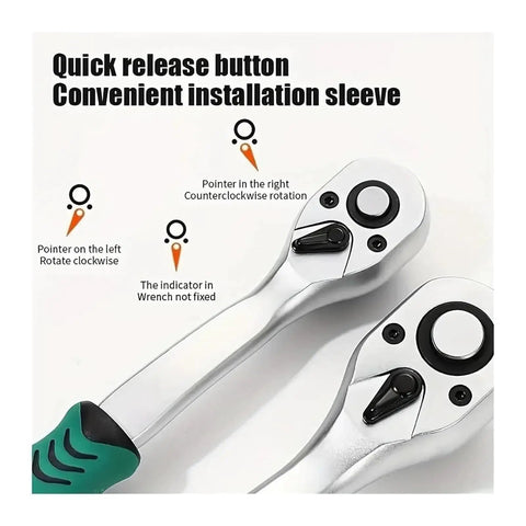 Heavy Duty One Quarter Inch Drive Ratchet And Socket Set Crafted From Rugged Chrome Vanadium Steel Packed With Versatile Sizes and quick release features.