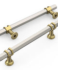 Premium Brushed Satin Nickel And Gold Cabinet Pulls 10 Pack featuring sleek modern handles with 128mm spacing for drawers.