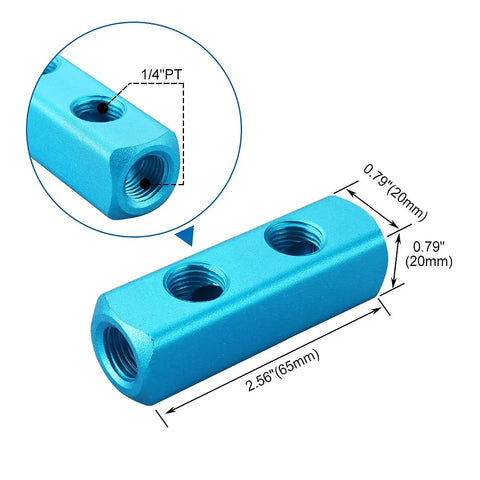 Heavy Duty Aluminum Air Manifold Block, 2 Way 5 Port Rig Setup, 1/4 Inch PT Threaded Ports, showcasing dimensions and threaded ports.