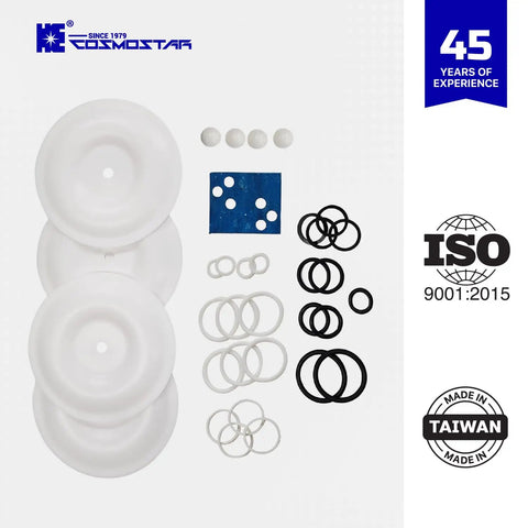 All In One Replacement Kit For D0902 Three Eighths Inch Double Diaphragm Pump with PTFE seals, gaskets, and O-rings.