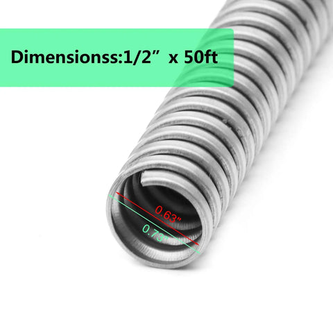 Close-up of half inch flexible reduced-wall electrical conduit, 50 ft stainless steel cable sleeve tube for low-voltage wire protection.