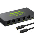 Slick 1X4 Toslink Optical Audio Splitter Delivers Punchy Digital Sound To Four Devices With Sturdy Aluminum Build And Totally Hassle Free Plug In Setup For Your Home Theater Rig, showing back view with cables.