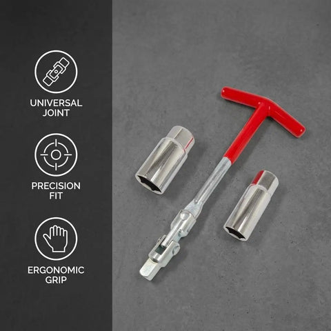 T-Handle Spark Plug Socket Wrench With Swivel Head And Extended 16Mm 21Mm Sockets 3 Piece Set displayed with ergonomic grips.