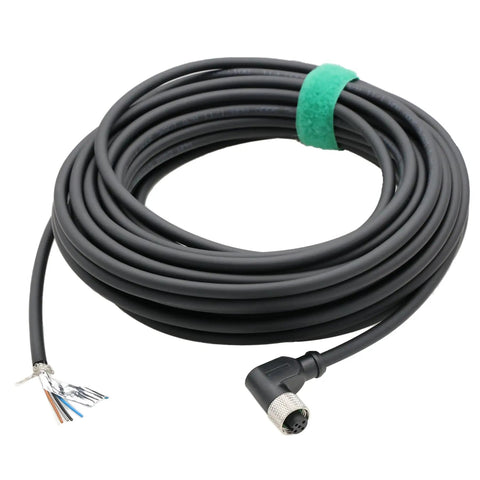 Coiled M12 A Coded 5 Pin Female Actuator Sensor Data Cable 15 Meter Long Right Angle Connector To Bare Wire Leads on white