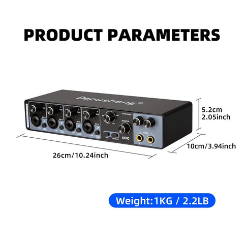4-Channel USB Audio Interface With ASIO, 24-Bit 192 KHz Recording, dimensions and weight details displayed, black unit.