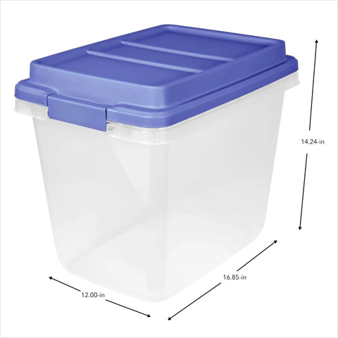 Kick Ass 32 Quart Clear Plastic Stackable Storage Bins With Blue Latching Lids, 12x16.85x14.24 inches, ideal for heavy-duty storage.