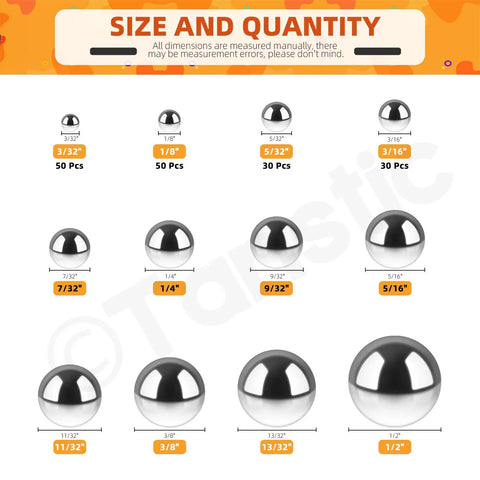300 Piece Precision 304 Stainless Steel Bearing Balls Assortment 12 Size Set For Bicycles And Motorcycles shown in size chart.