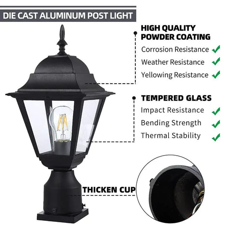 Outdoor Post Light Waterproof Cast Aluminum Lamp Post Fixture With Pier Mount Base Matte Black Sixteen Point Five Inch Lantern