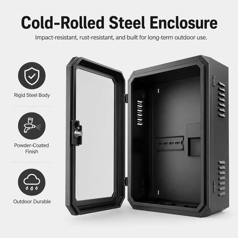 Heavy Duty Outdoor EV Charger Enclosure Built Tough Cold Rolled Steel Electrical Box with clear door open for access.
