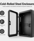 Heavy Duty Cold Rolled Steel EV Charger Station Enclosure Featuring Lockable Clear Door And Rust Resistant Finish For Dependable Wall Mount Protection At Home Or The Garage with open door.
