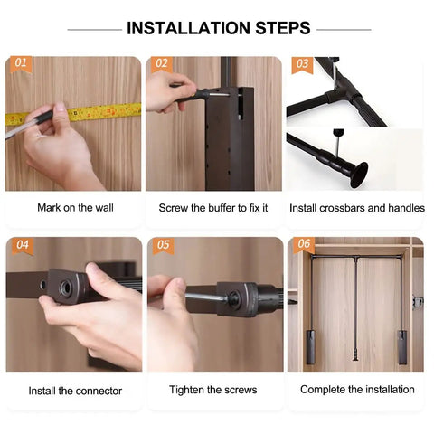 Installation steps for Retractable Pull Down Closet Rod For Hanging Clothes With Smooth Two Way Hydraulic Damping Adjustable Wardrobe Hanger