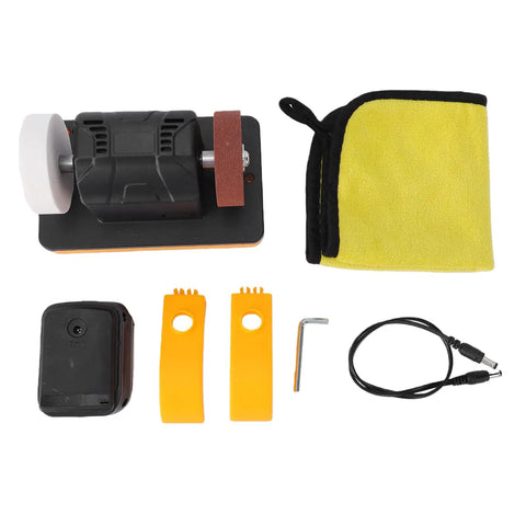 Cordless Mini Bench Grinder With Variable Speed Settings And Twin Grinding Discs; includes battery, accessories, and cleaning cloth.