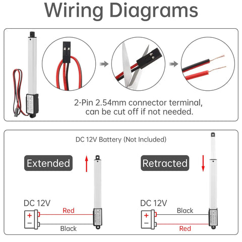 Wiring diagram for Compact 12V Mini Linear Actuator With Rocker Switch showing connections and operation.