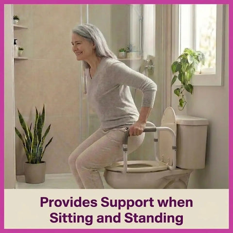 Built Tough Aluminum Toilet Safety Handle With Padded Adjustable Armrests For Seniors And Mobility Ease No Fuss Setup Stand Assist Rail used by senior.