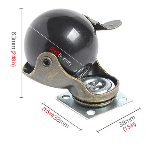 Rock Solid Vintage Brass Ball Caster Wheels With Secure Locking Brakes For Furniture Smooth As Silk Roll 2 Inch Heavy Duty Replacement Rollers close-up side view.