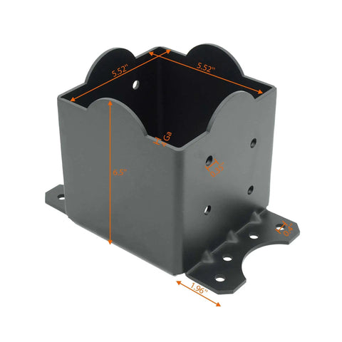 Front view of Beefy 6x6 Post Base 2 Pack For Deck And Fence Mounting, Extra Thick 8 Gauge Steel With Black Powder Coat, Actual Size 5.5 By 5.5 Inches, Heavy Duty Brackets For Post To Deck, Railing, Pergola Connections.