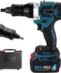 Hella Strong Cordless Rivet Nut Gun With 26V Lithium Battery Pack and Full Hardware Pack, showcasing tool design and battery.