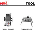 Hand router and table router used with One And Eleven Thirty Second Inch Chamfer Router Bit With Half Inch Shank Thirty Degree Carbide Two Cutter Pro Grade Bit For Plywood Hardwood And Softwood Adjustable Chamfer Height By Bit Height Or Fence Red Finish.