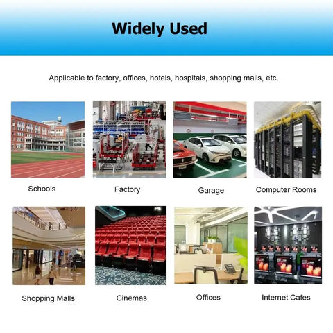 Image showing various places where the Three Point Three Foot Stainless Steel Cable Raceway For Home Office Cord Concealer is used, including schools, factories, and offices.