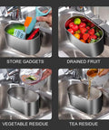 Super Solid Stainless Steel Hanging Sink Strainer Basket holding various items to catch food scraps in kitchen sink.