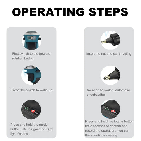 Operating steps for No Wire Drama Cordless Rivet Gun Set Featuring A Heavy Duty 52 Ah Rechargeable Battery for easy use.