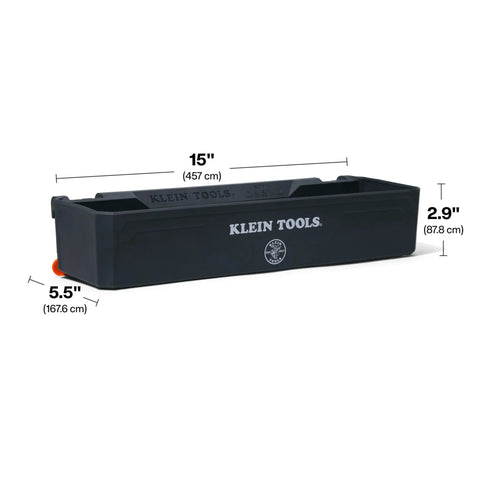 Heavy Duty Tray Module Rail System Attachment With 25-Pound Load Rating For Weather-Resistant Catch All Storage On Man Lifts Scissor Lifts And Elevated Work Platforms, shown in side view with dimensions