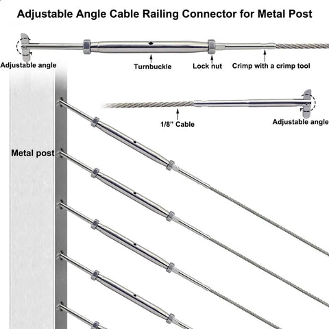 Stainless Steel Cable Railing Hardware Kit For 1/8 Inch Cable Railing System, DIY Friendly Adjustable Angle Drop Pin Turnbuckle Kit For Metal Posts