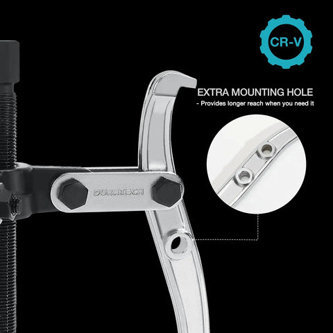 Close-up of 4 Piece 3 Jaw Gear Puller Set For Gears Pulleys Bearings And Flywheels Fully Assembled Removal Tool Heavy Duty Drop Forged CRV Steel showing extra mounting hole.
