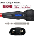 Two Way USB Powered And Manual Screwdriver with USB cable and interchangeable quarter inch hex bits, high torque, Made in Japan.