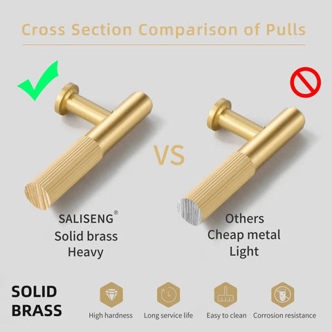 Cross section comparison of Top Shelf Solid Brass Cabinet Pulls Featuring Slick Brushed Gold Finish showing heavy duty design.